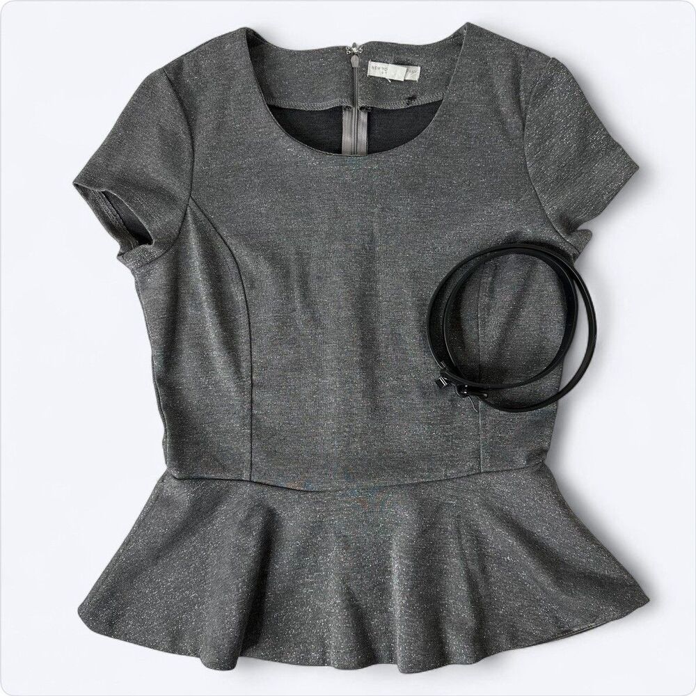 Y2K New York & Company Peplum Blouse Belted Womens Sz 4 Gray Metallic Career